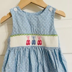 Smocked Giraffe Blue White Polka Dot Dress - Ballet Shoes Design